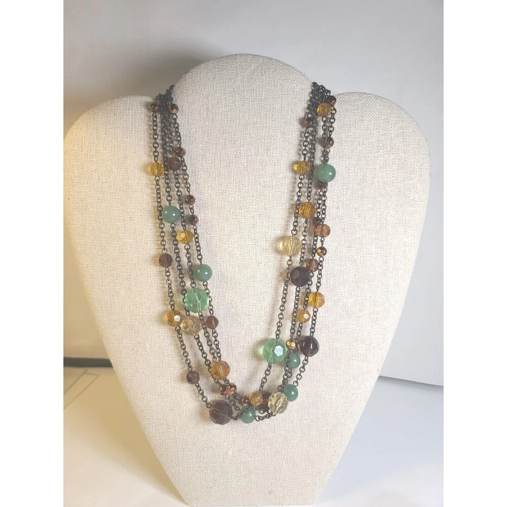 Vintage Lia Sophia Multi-strand chain beaded stone glass Necklace 22" Bronzetone